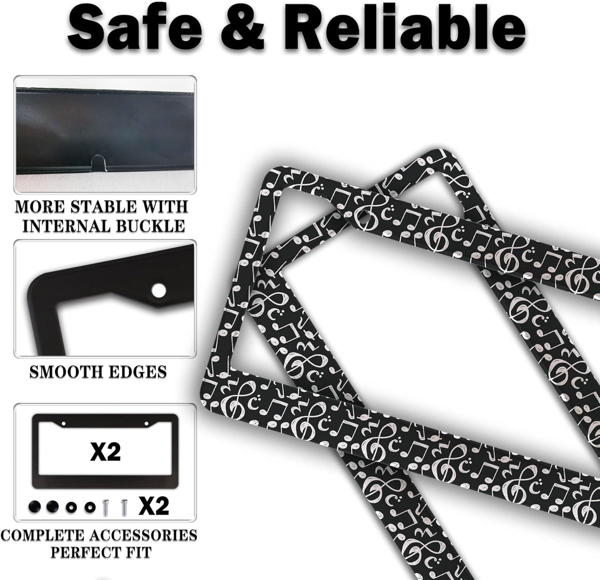 License Plate Cover for Car Black and White License Plate Frames Music Musical Note Aluminum Metal Car Accessory 2 Pack with Screw Covers Set