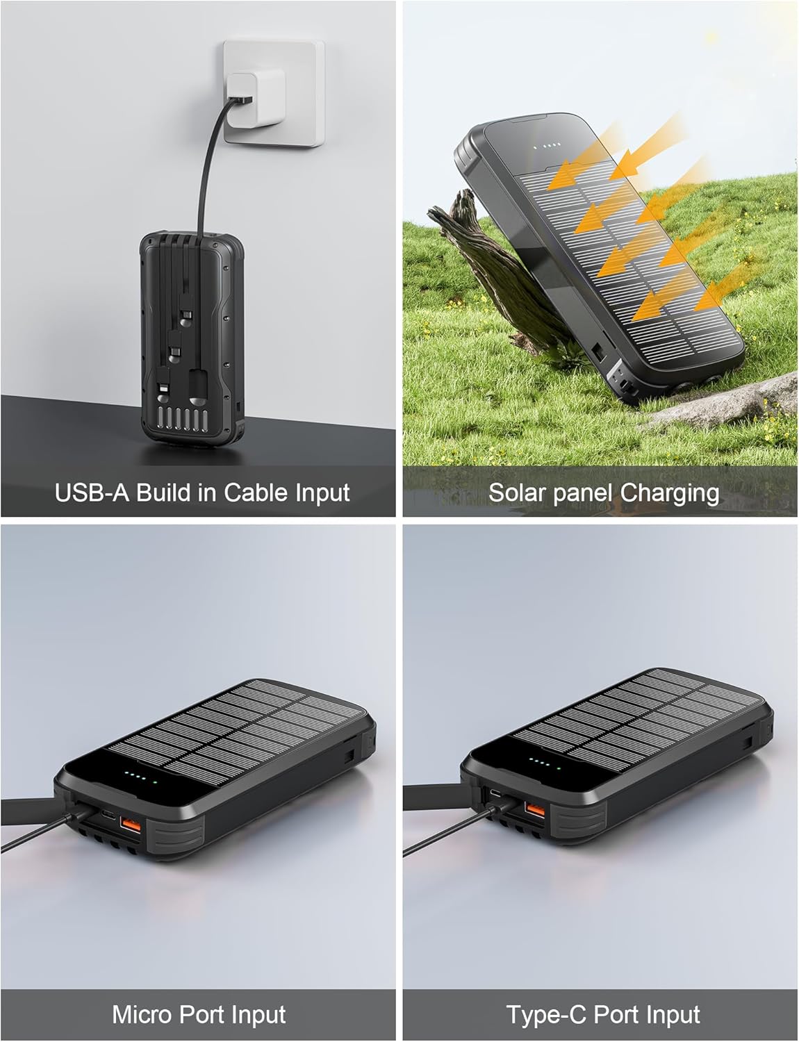 Solar Charger Power Bank, 40000mAh Portable Phone Charger Built in 4 Cables with USB C in/Output, PD 20W Fast Charging Portable Charger, External Battery Pack with Dual Bright Flashlights