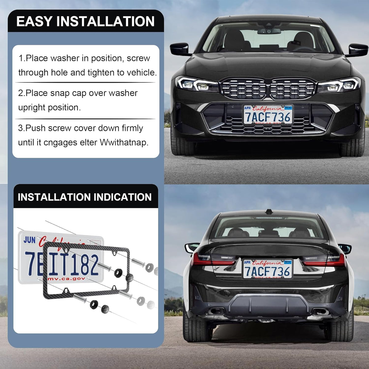 LivTee Carbon Fiber License Plate Frames, 4 Holes Stainless Steel License Plate Covers, 2PCS Car License Plate Holder, Automotive Exterior Accessories, Slim Design with Gasket Cover for US Cars