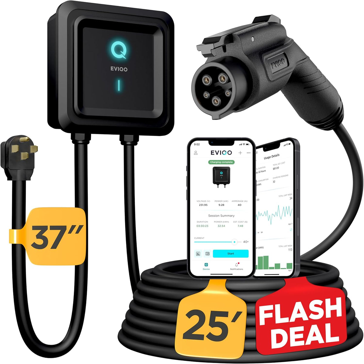 EVIQO Level 2 EV Charger - 48 Amp EV Charger Level 2-240V Electric Vehicle Charging Stations - Smart Wall EV Chargers for Home LEVEL2 - NEMA 14-50/Hardwired - 11.5kW EVSE J1772, Energy Star/UL