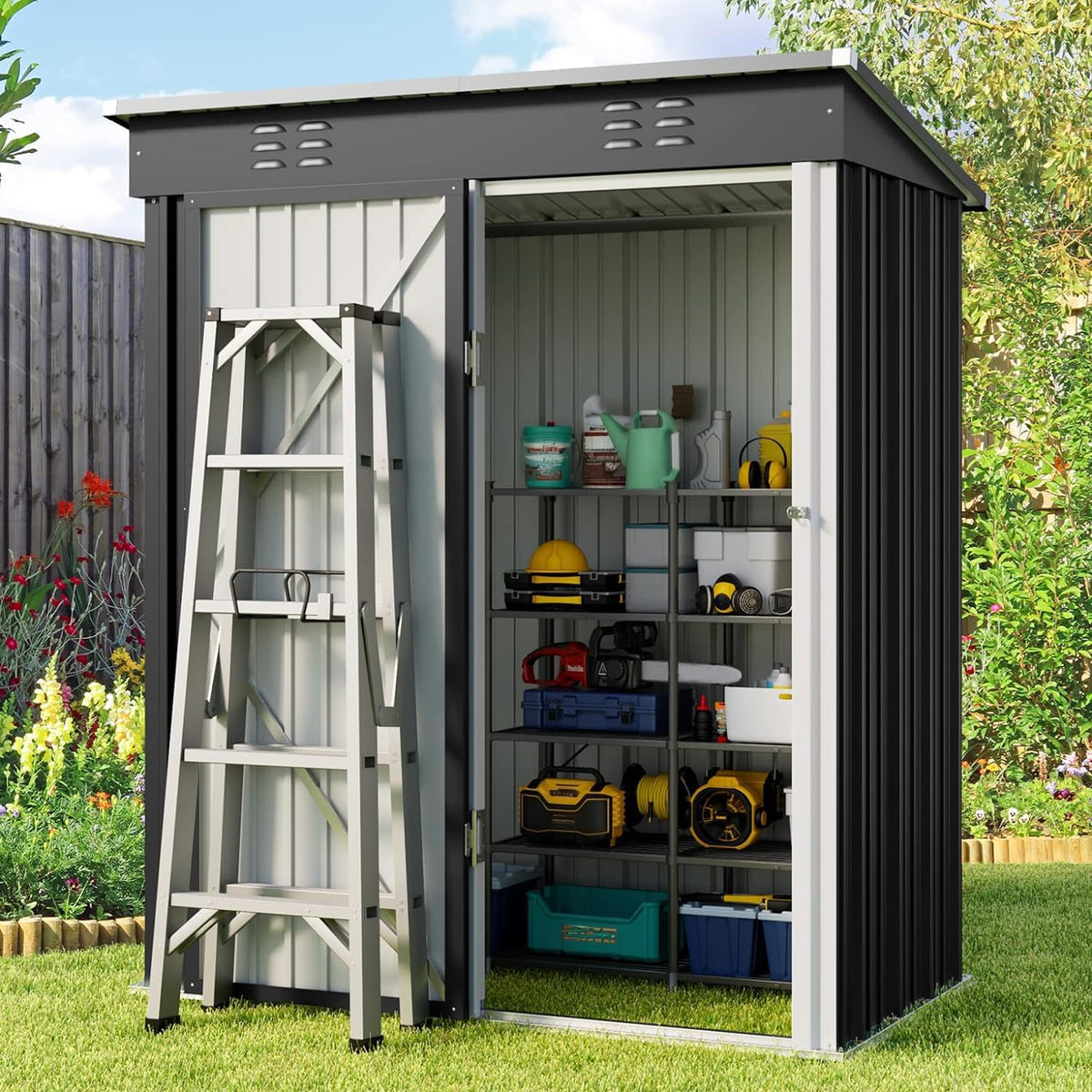 Gizoon 5 'x 3'Outdoor Storage Shed with Singe Lockable Door,Galvanized Metal Shed with Air Vent Suitable for The Garden,Tiny House Storage Sheds Outdoor for Backyard Patio Lawn-Dark Gray