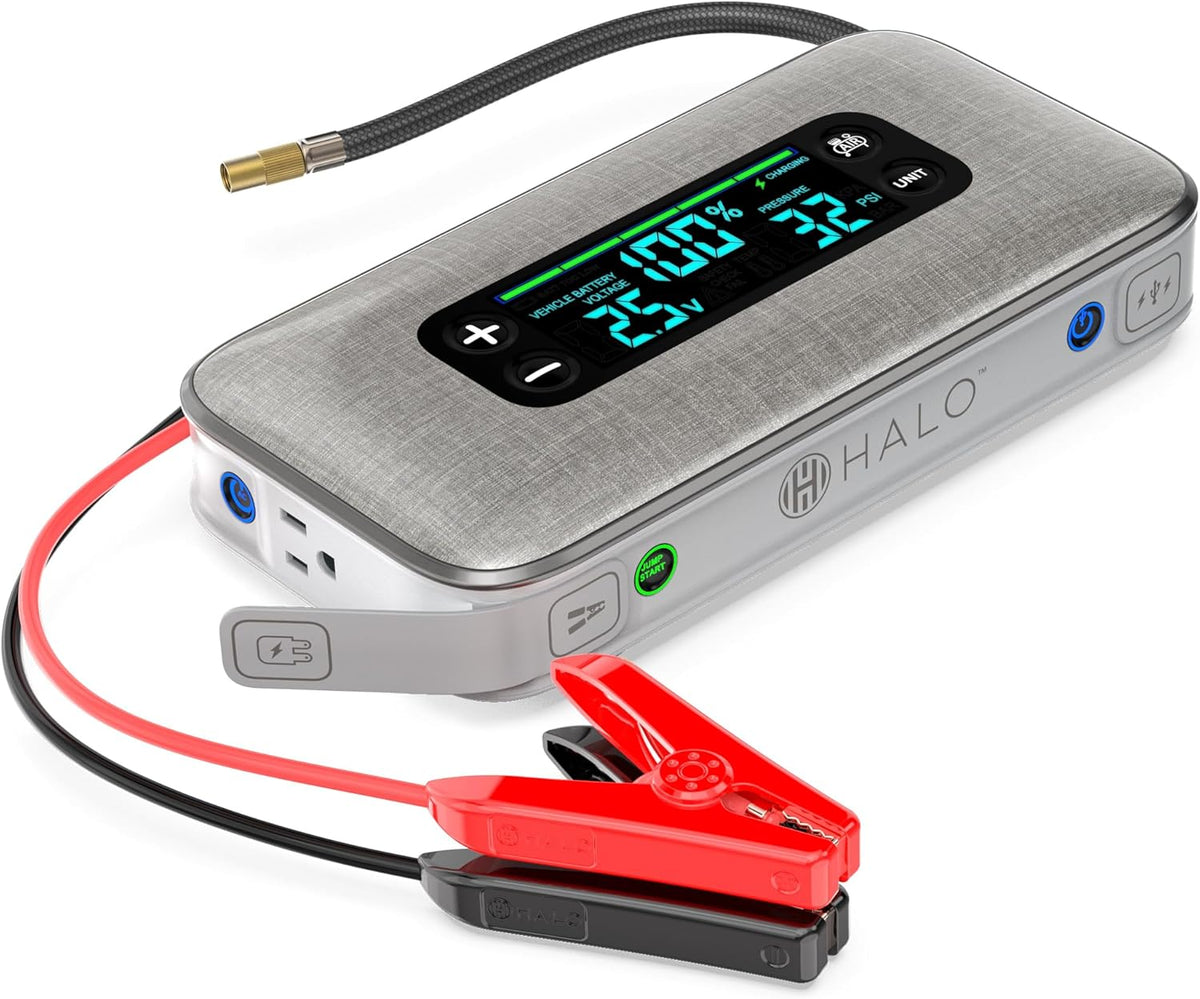 HALO Bolt Ultimate 3 Portable Car Battery Jump Starter | 130 PSI Air Compressor, 55.5Wh USB Power Bank, Large Display, Emergency Floodlight & Charger, Jumps Cars SUVs & Trucks, Inflates Tires — Silver