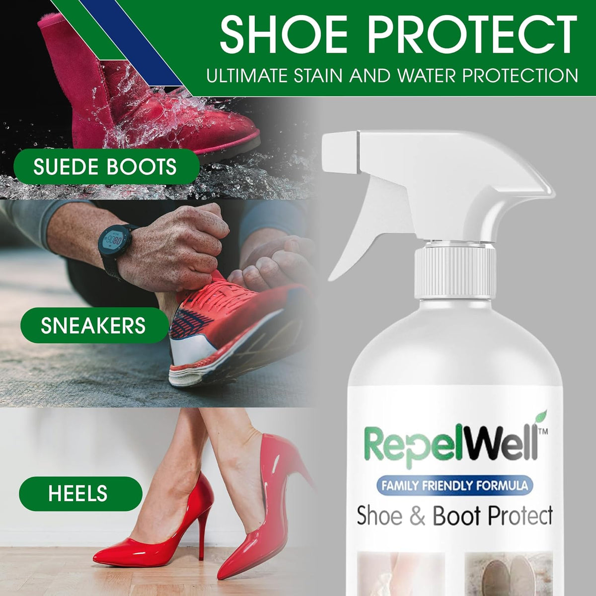 Shoe & Boot Stain & Water Repellent (24oz) Eco-Friendly, Pet-Safe Spray Keeps Fabric, Leather & Suede Clean & Dry