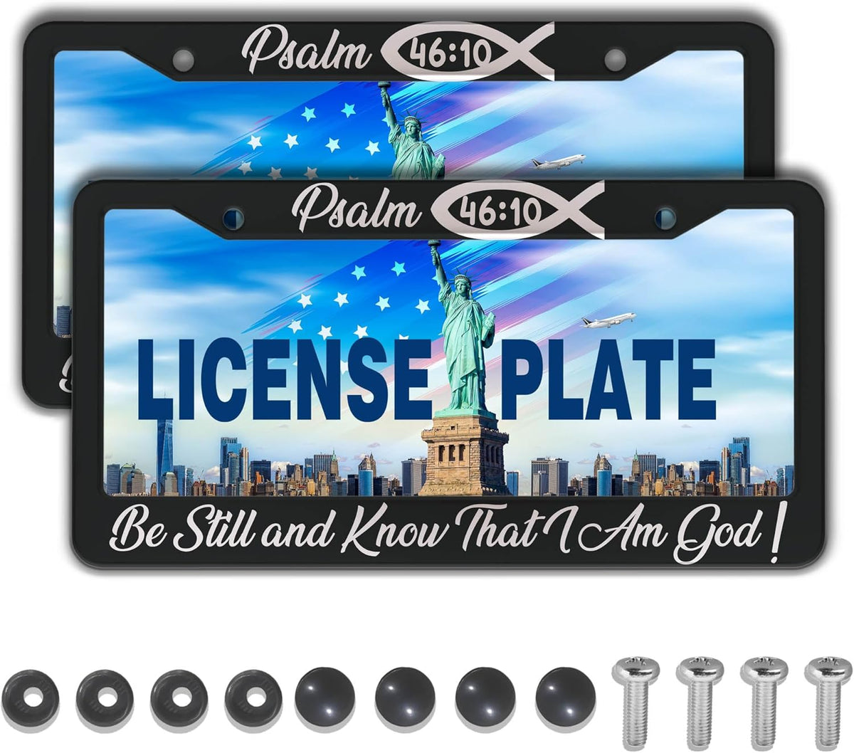 License Plate Frames Black and White License Plate Frame Psalm 46:10 Be Still and Know That I Am God Aluminum Metal Car Accessory 2 Pack with Screw Covers Set