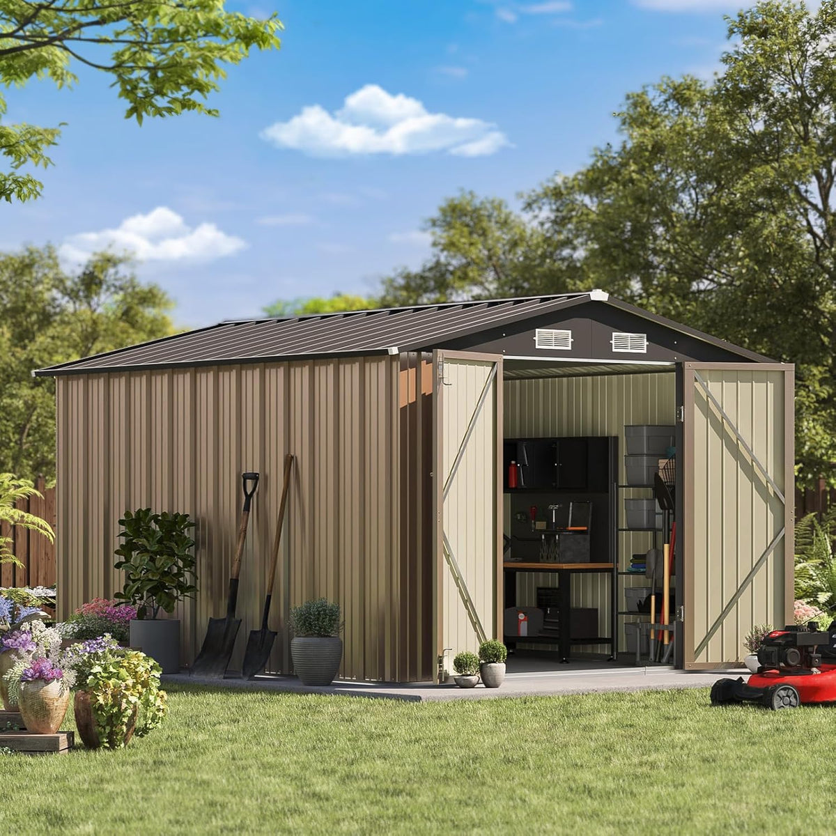 Patiowell 8x10 FT Outdoor Storage Shed, Large Garden Tool Metal Shed with Sloping Roof and Double Lockable Door, Outdoor Shed for Backyard Garden Patio Lawn, Brown