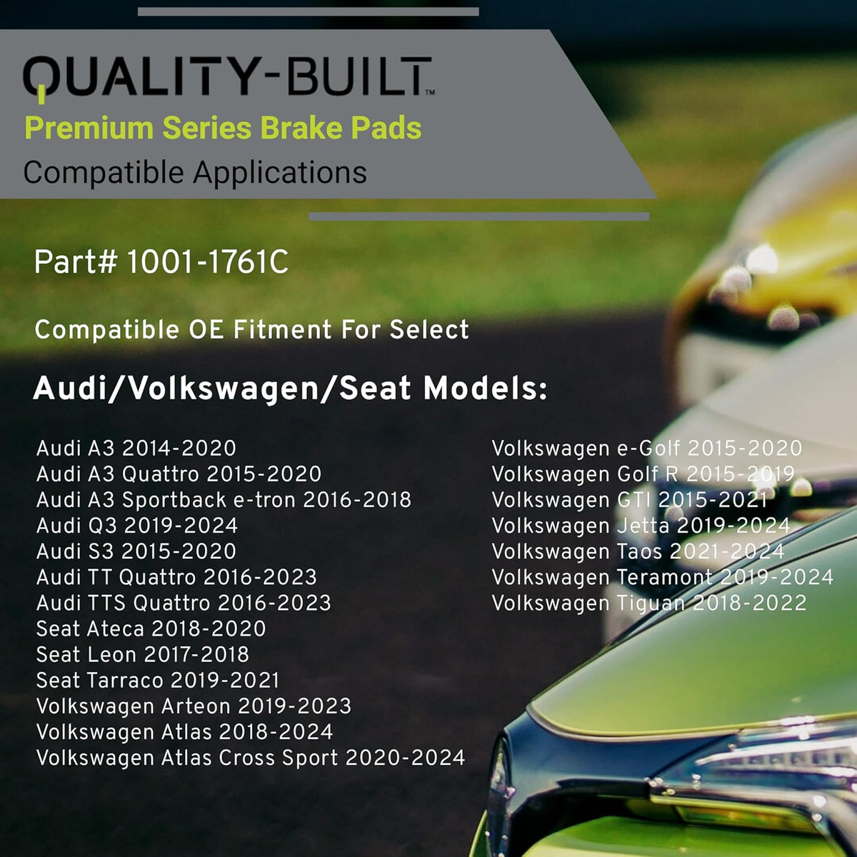 Premium Ceramic Rear Brake Pads (1001-1761C) Compatible with 2014-2024 Audi/Volkswagen (A3/A3 Quattro/A3 Sportback e-tron/Golf R/GTI/Jetta/Q3/S3/Tiguan/TT Quattro/TTS Quattro & More)