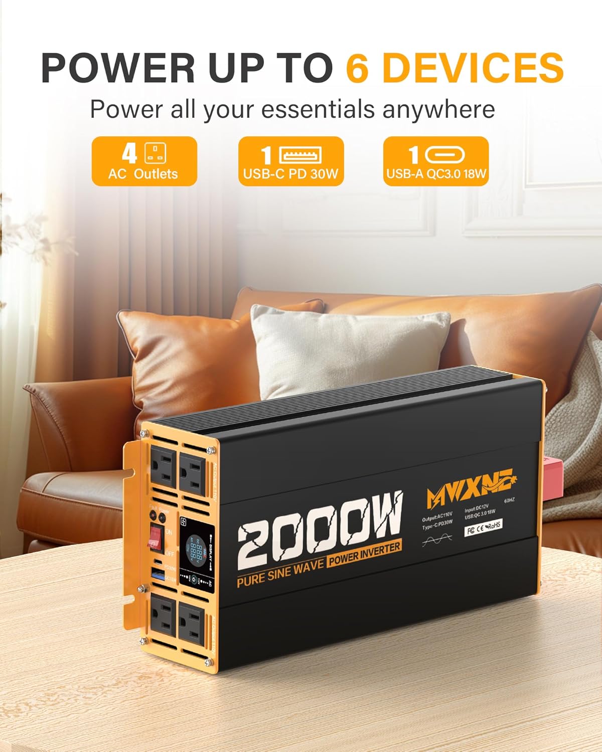 2000W Pure Sine Wave Inverter 12V DC to 110V 120V AC Car Converter for RV Truck Off-Grid Solar Power Inverter with 4 AC Outlets, USB/Type-C Fast Charging Ports, LCD Display, Remote Control