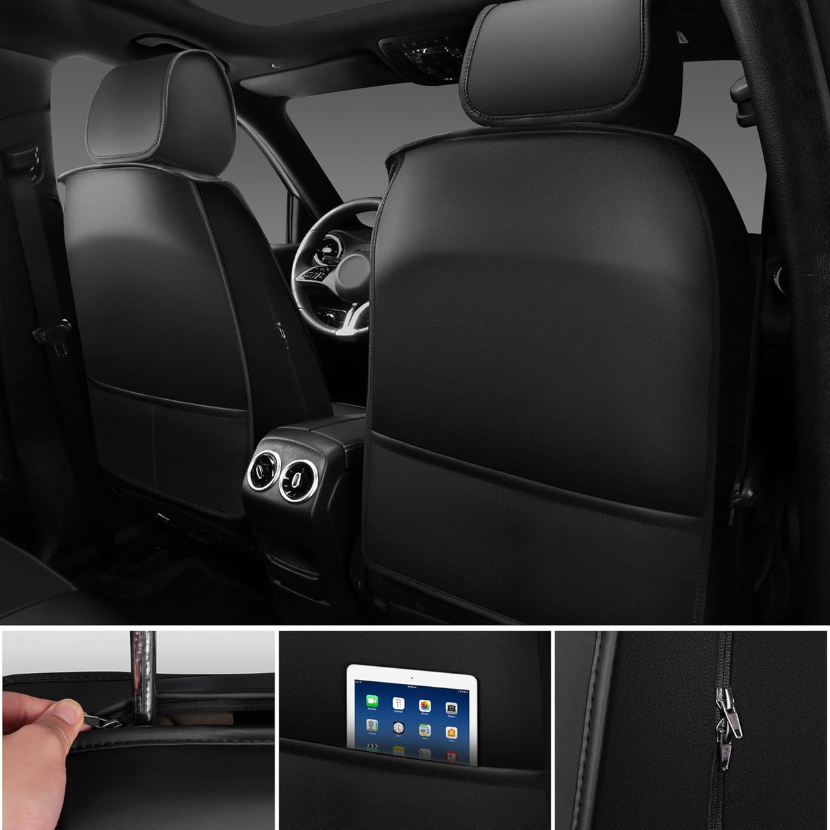CAR PASS Nappa Leather Car Seat Covers Front Seats, Luxury Seat Protector for Cars, Waterproof Anti-Slip Seat Cushion Armrest Compatible Airbag Universal for Sedan SUV Pick-up Truck Automotive, Black