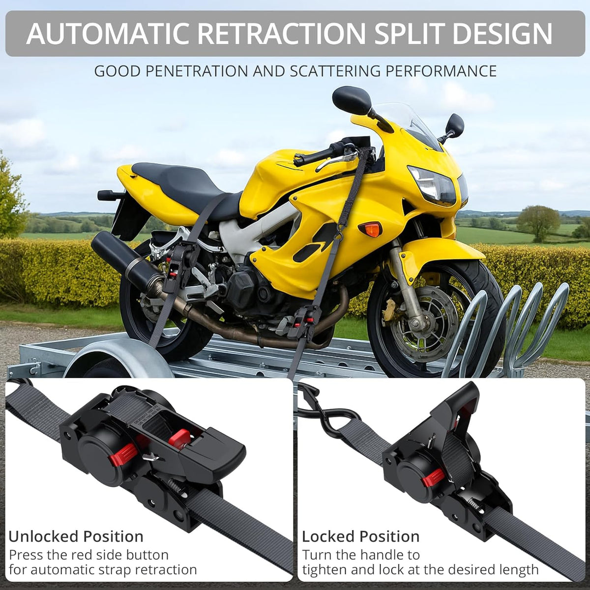 Justech 2 Pack Retractable Ratchet Straps, 1 in x 11.6 ft-1411 lbs Break Strength, Heavy Duty Auto Ratchet Tie Down Straps with Soft Loops & Storage Bag for Motorcycle, Truck, Trailer, Cargo Van, Boat