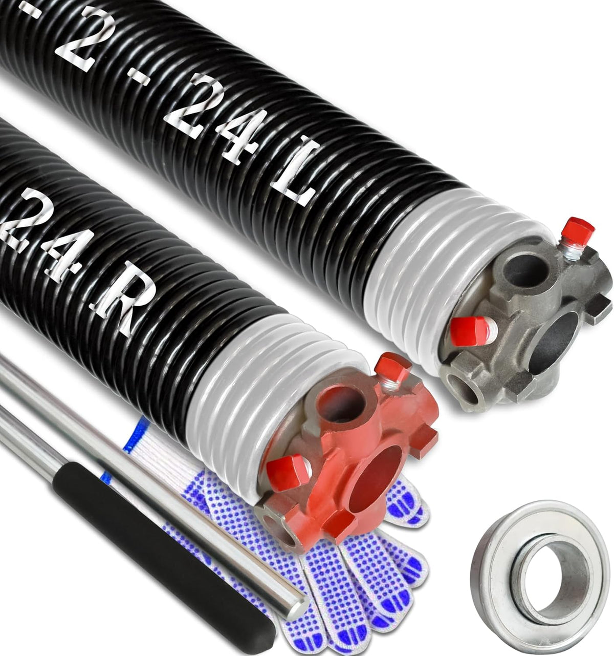 Garage Door Torsion Spring Set, Pair of 2" Electrophoresis Coated Garage Door Spring Replacement with 2 Non-Slip Winding Bars and Bearing, Minimum 16000 Cycles (.218x2x24)