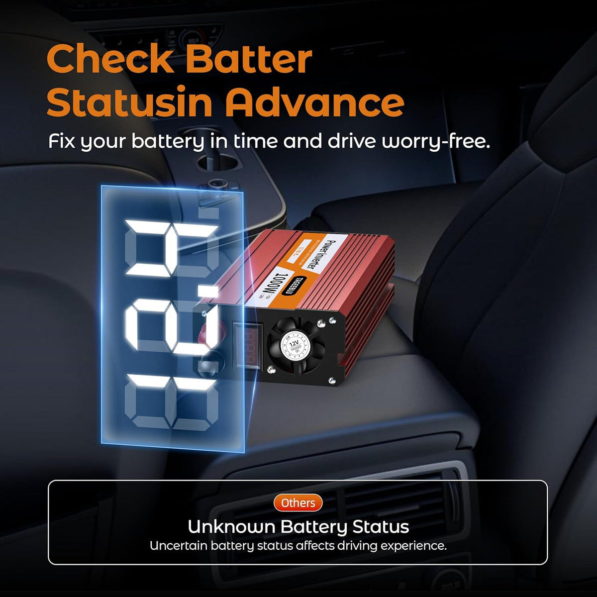 1000W Power Inverter, DC 12V to 110V AC Car Inverter with LCD Screen Display, 2 AC Outlets, Equipped with 2 Clips for Truck, Home, Vehicles, Laptop, Trip