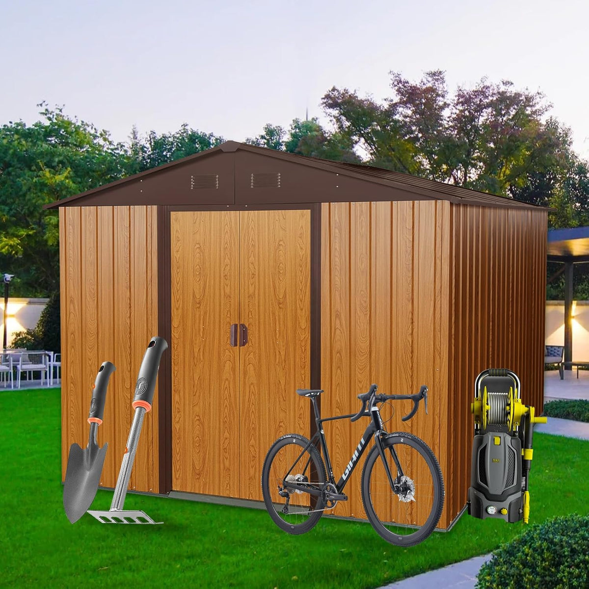 10x8 FT Outdoor Storage Shed, Garden Tool House with Metal Floor Base, Double Sliding Doors, Air Vents, Storage Clearance for Backyard, Patio, Garage, Lawn, Coffee