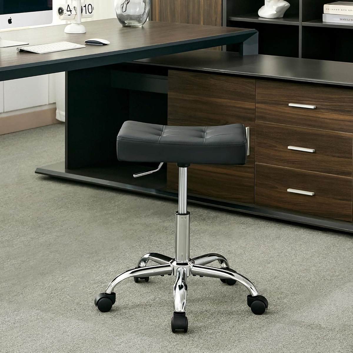 Office Stool with Wheels (300lbs Capacity) (Adjustable Height 17-21 inch) Black Faux Leather Workbench Stool (Black)