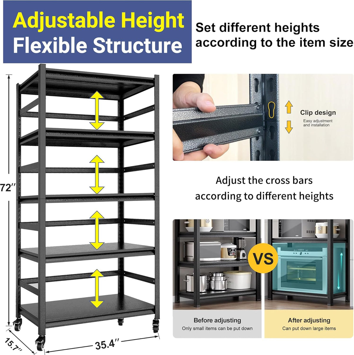 TOPKEY Metal Storage Shelf Garage Storage Shelves, Heavy Duty 5-Tier Utility Shelves for Kitchen, Warehouse, Pantry Shelves with Wheels, 72" H Adjustable Basement Storage Rack, Load 1750LBS