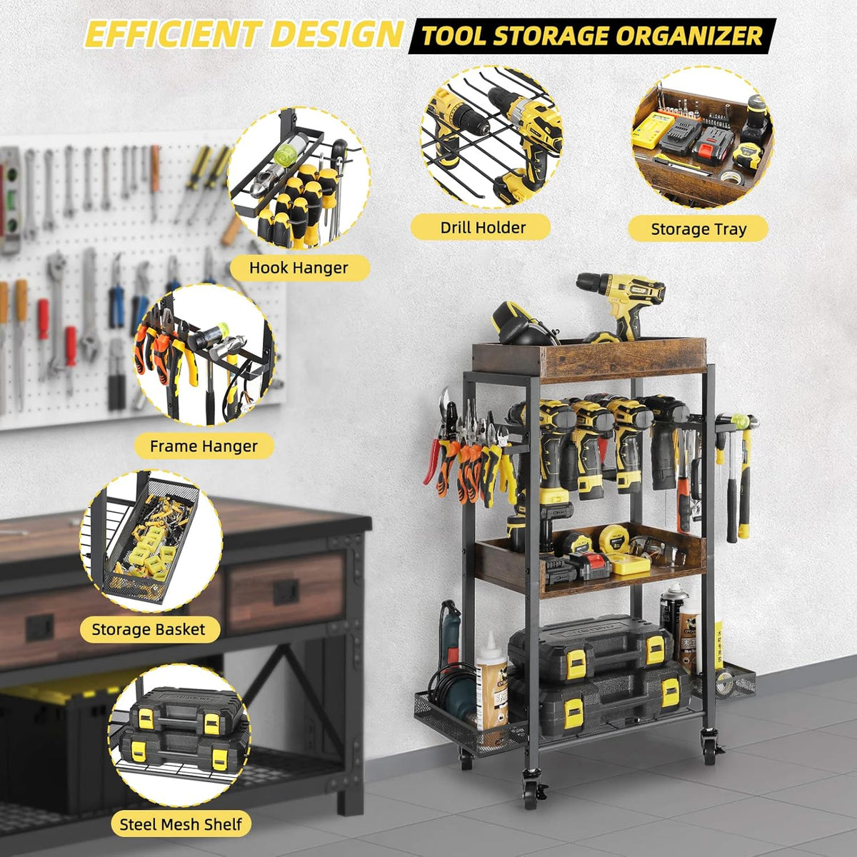 Power Tool Organizer Garage Storage Organization Shelving Tool Holder Drill Rack Shelf Rolling Cart Open Tool Chest Cabinet Box Organizer with Wheels Workshop Garage Gift Ideas for Men Dad