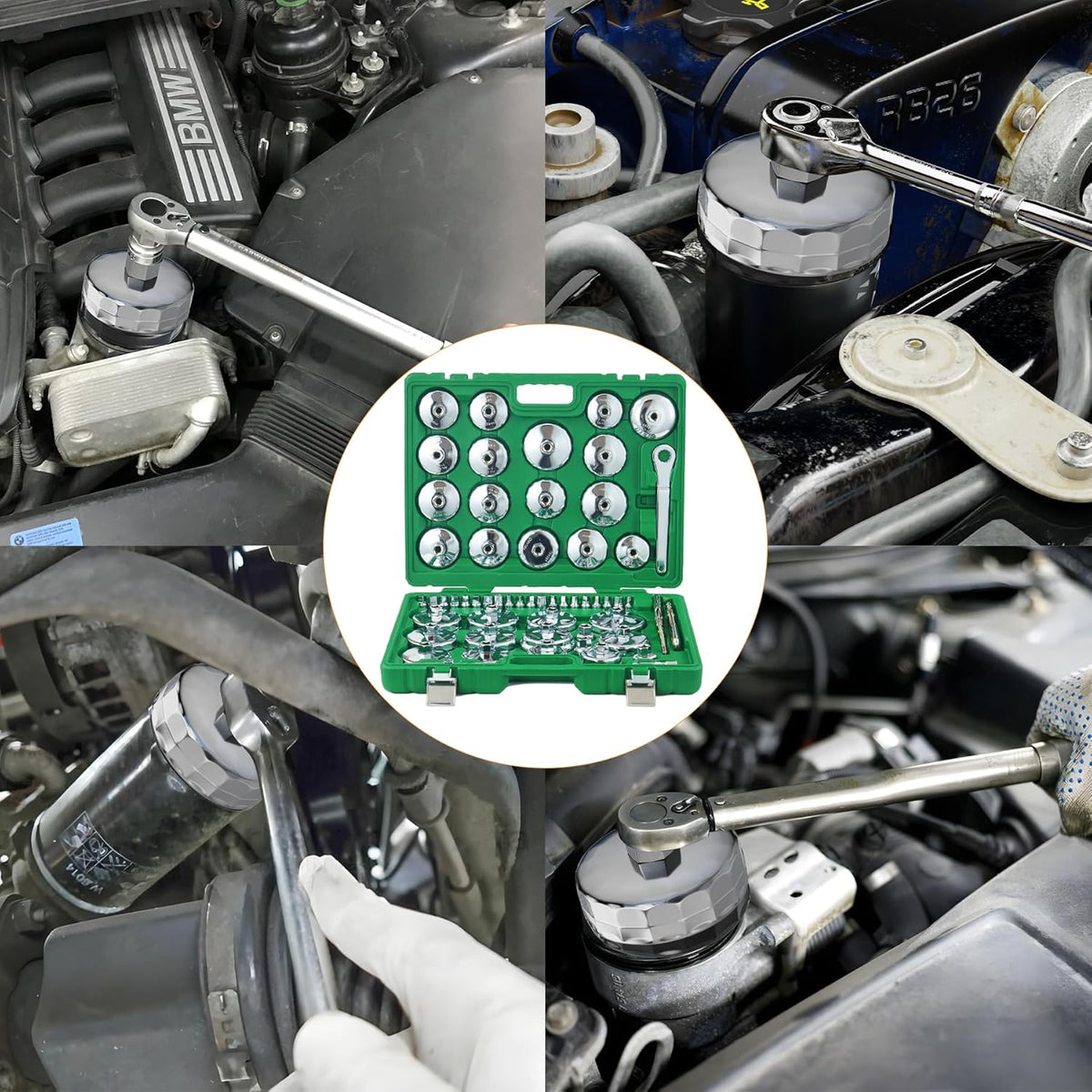 Auto Oil Filter Socket Wrench Set, Cup Type 1/2 inch Drive Cap Removal Tool, with Drain Plug Socket Set/Adjustable/Drive, Compatible, all Models Car, SUV, Oil Filter (58, GREEN)