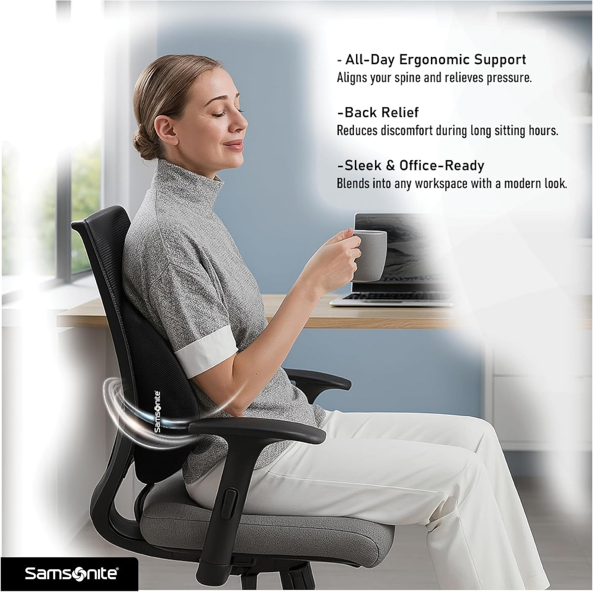 Samsonite Lumbar Support Pillow for Office Chair and Car Seat - Memory Foam Pillows Car Lumbar Support Brace, Lumbar Support Pillow for Car & Low Back Pain Relief, Black