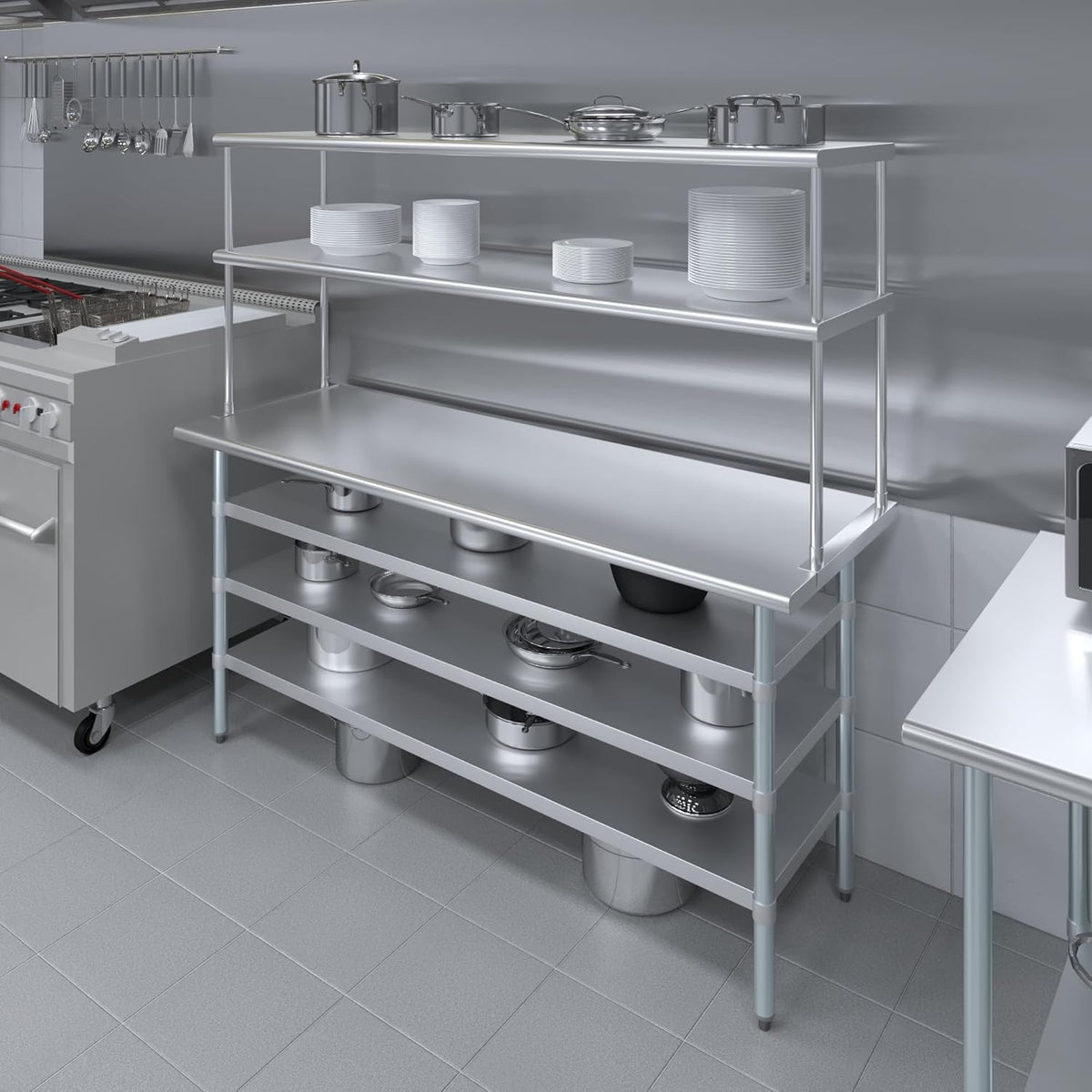 Amgood 24" x 72" Stainless Steel Work Table with 3 Shelves and 18" Wide Double Tier Overshelf | Metal Kitchen Prep Table & Shelving Combo | NSF