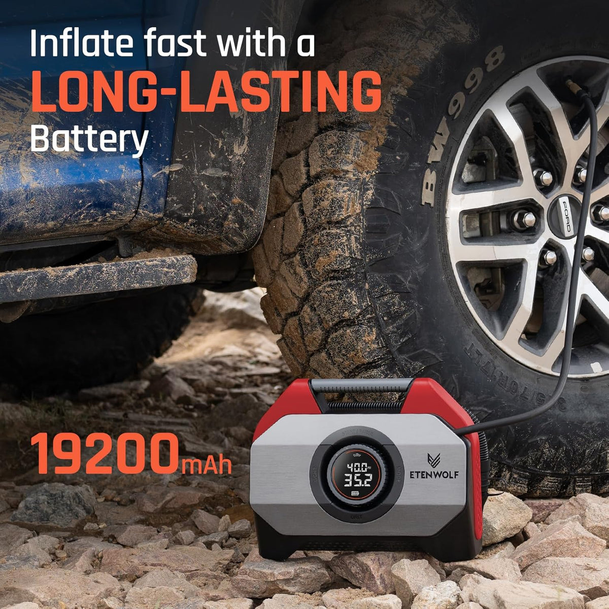 ETENWOLF VORTEX S6 Tire Inflator Portable Air Compressor for Heavy-duty Vehicle, Cordless Air Pump for Car & Inflatables with 19200 mAh Battery, 100% Duty Cycle & Dual Cylinder Bike Pump, Red