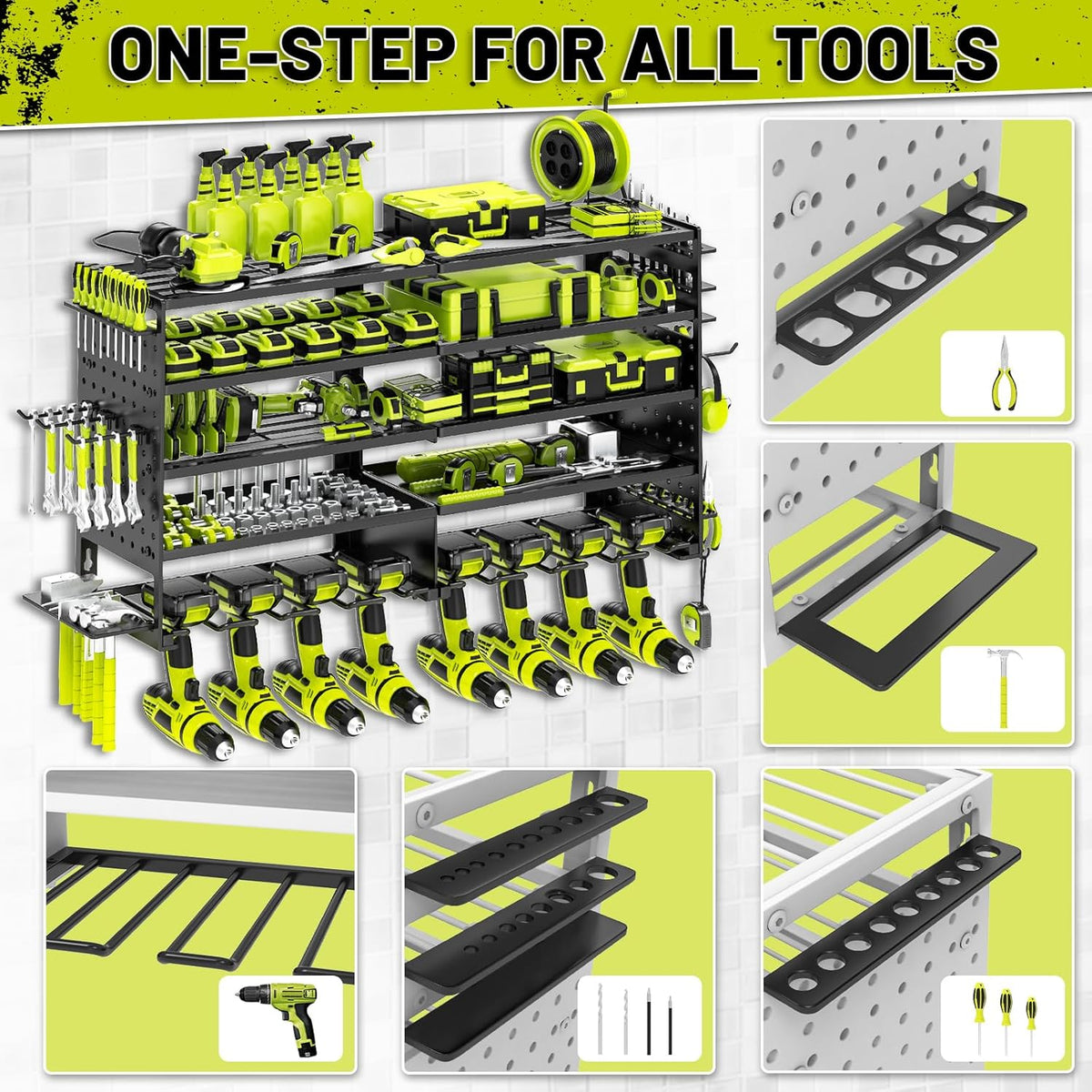 5 Layers Power Tool Organizer Wall Mount, Metal Cordless Tool Storage Rack Holder with 8 Drill Holders, Heavy Duty Garage Wall Tool Shelf for Workshop Tool Room Men Husband Father Gift Black