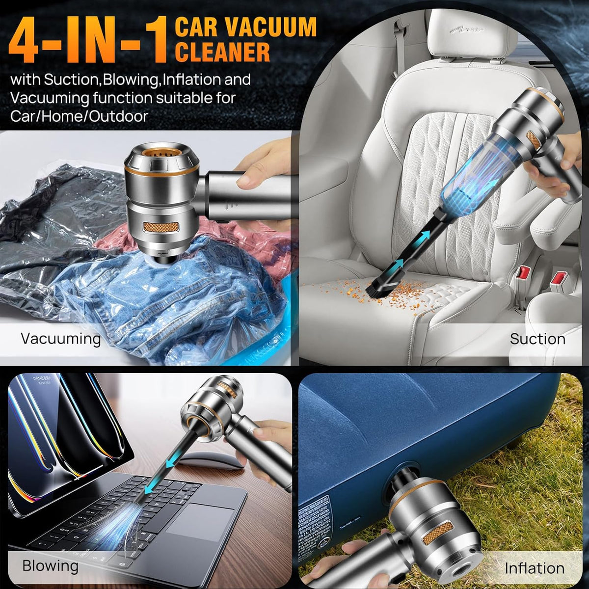 Mini Car Vacuum Cleaner,20000PA 4-in-1 Cordless Handheld Vacuum Cleaner with 6000mAh Battery Brushless Motor Hand Held Vacuum Air Duster & Air Blower & Pump for Car,Office and Home Cleaning