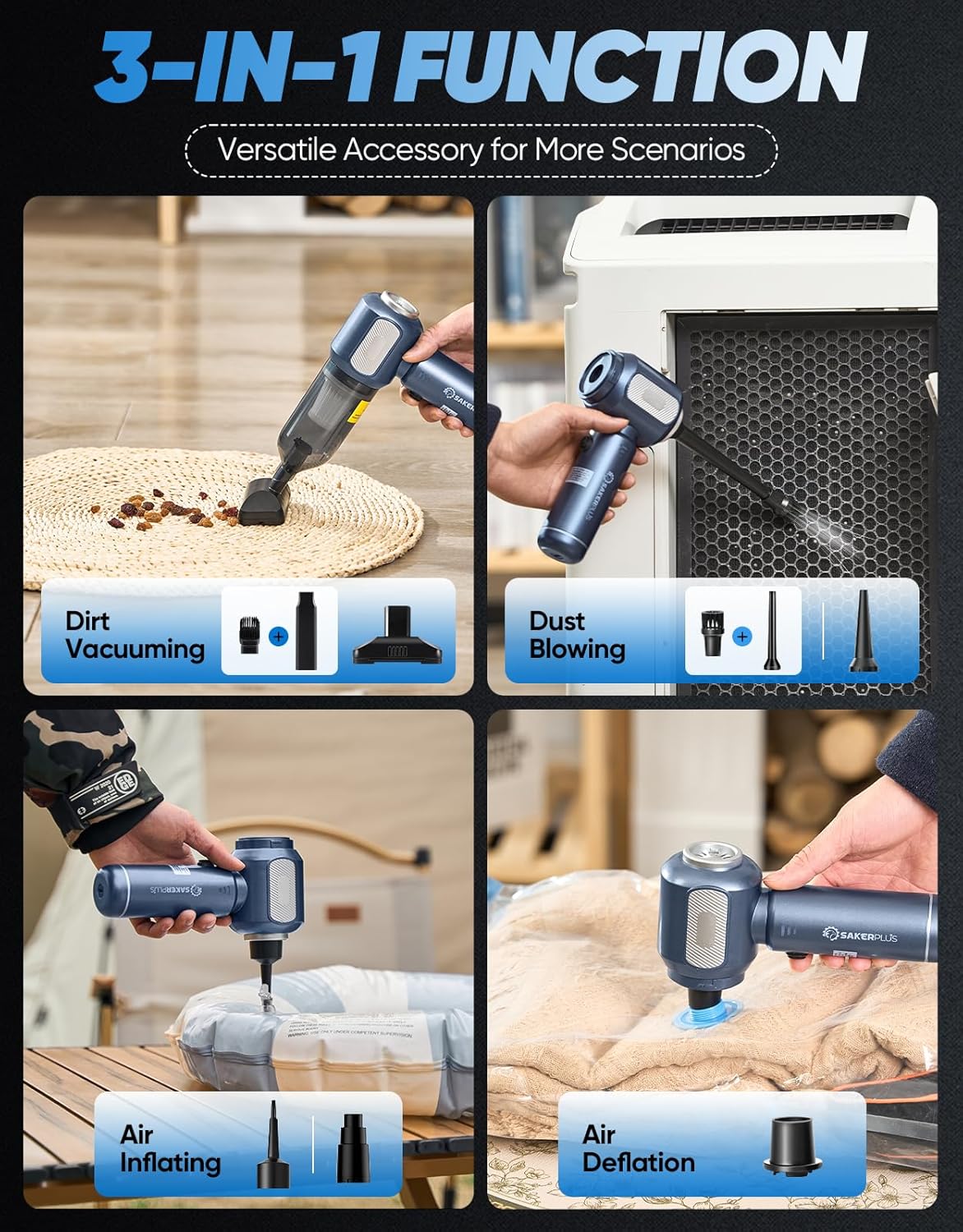 Mini Vacuum Cleaner, Cordless Car Vacuum, 17500PA High Suction, 3 in 1 Handheld Vacuum, Vacuuming, Blowing, Inflating, Deflation, Portable Vaccum with HEPA Filter for Cars,Desktop,Home SW106