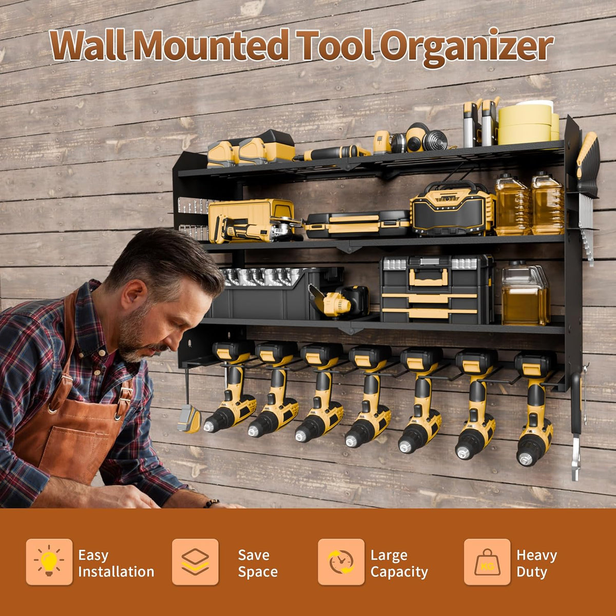 NINAT Heavy Duty 4-Tier Wall Mount Tool Organizer Rack - 7 Drill Holders, 150lb Capacity for Power Tools, Cordless Drills | Garage, Workshop, Shed & Basement Storage Solution
