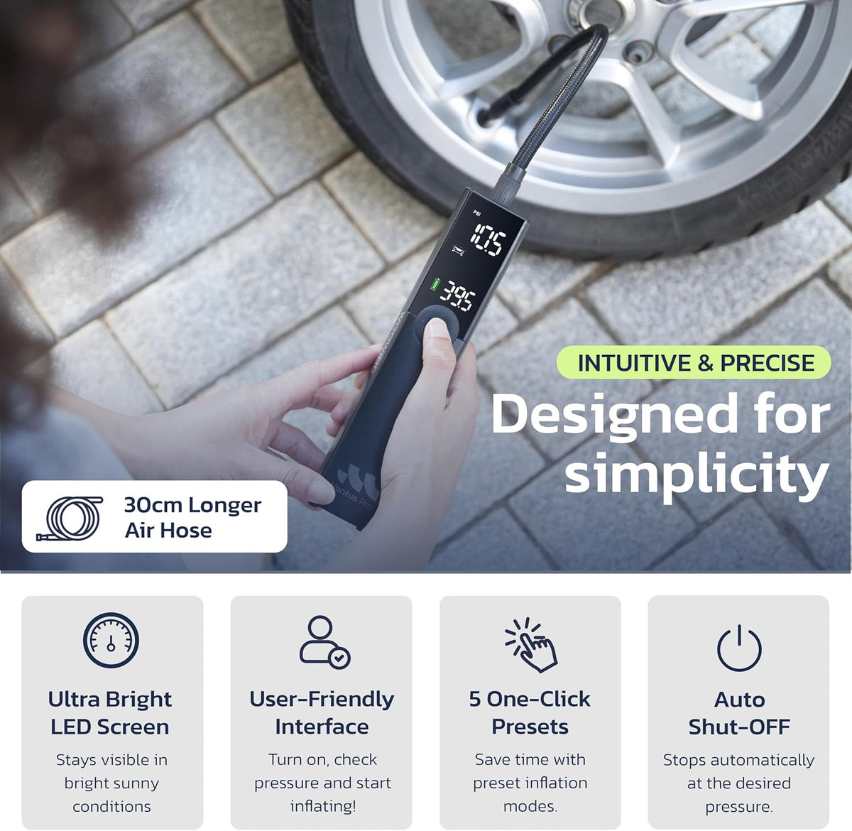 Tire Inflator Portable Air Compressor for Car, Bike, Motorcycle, SUV, Offroad & Truck - Fast Car Pump, 150 PSI, Cordless 12V DC, LED Display Emergency Light Woowind (Ventus pro)