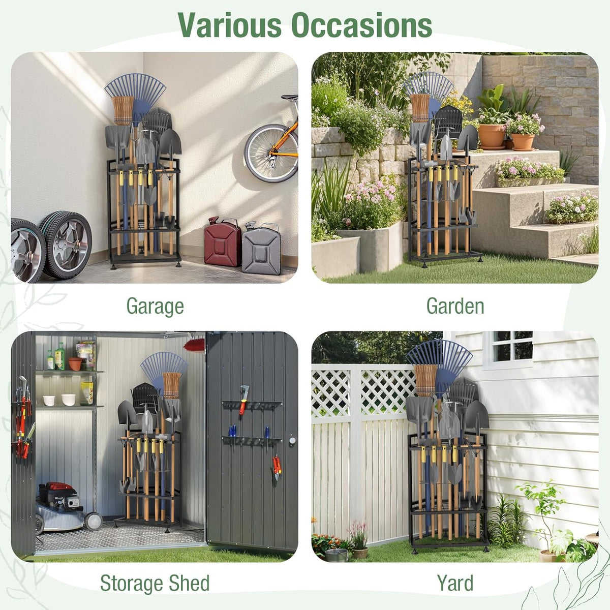 Garden Tool Organizer for Corner,Metal Yard Tool Organizer for Long-Handled Tools/Rakes/Brooms,Side Garden Pocket,Heavy Duty Steel Yard Tool Storage Rack for Garage,Shed, Outdoor