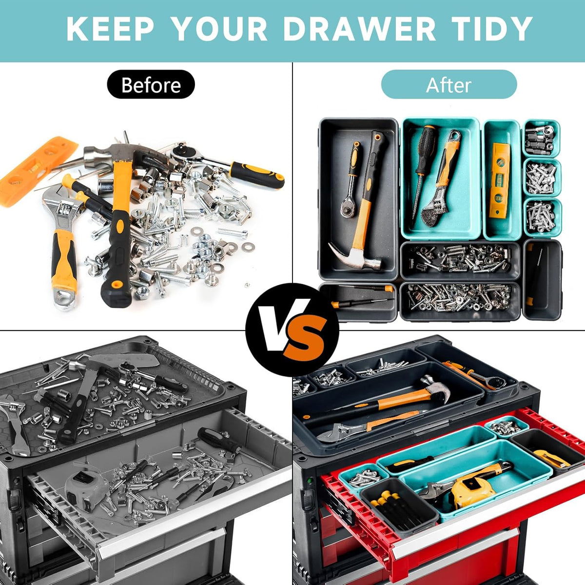 Tool Box Organizer Tray, Toolbox Desk Drawer Organizer, Tool Box Tray, Toolbox Organization Storage for Rolling Tool Chest (60PCS (Blue+Black))
