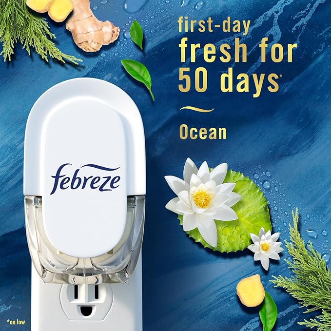 Febreze Plug in Air Freshener, Odor-Fighting Scented Oil Starter Kit, Air Fresheners for Home and Bathroom and Kitchen, Long Lasting for Strong Odors, Ocean Scent, Warmer + 2 Refill