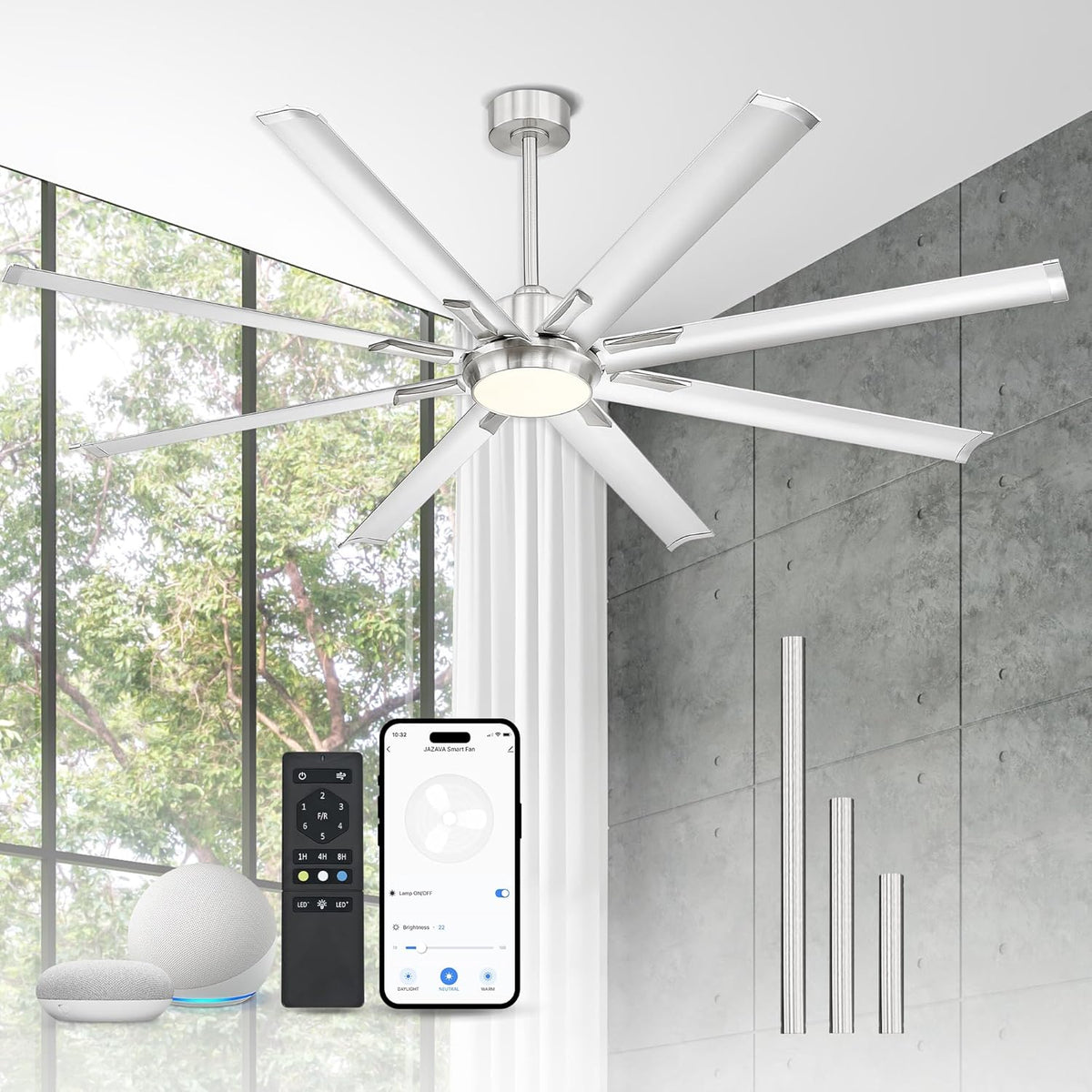 84 Inch Industrial Ceiling Fans with Lights and Remote,Extra Large Indoor/Outdoor Ceiling Fan with 8 Aluminium Metal Blades,Brushed Nickel Ceiling Fan,CF04BN-84