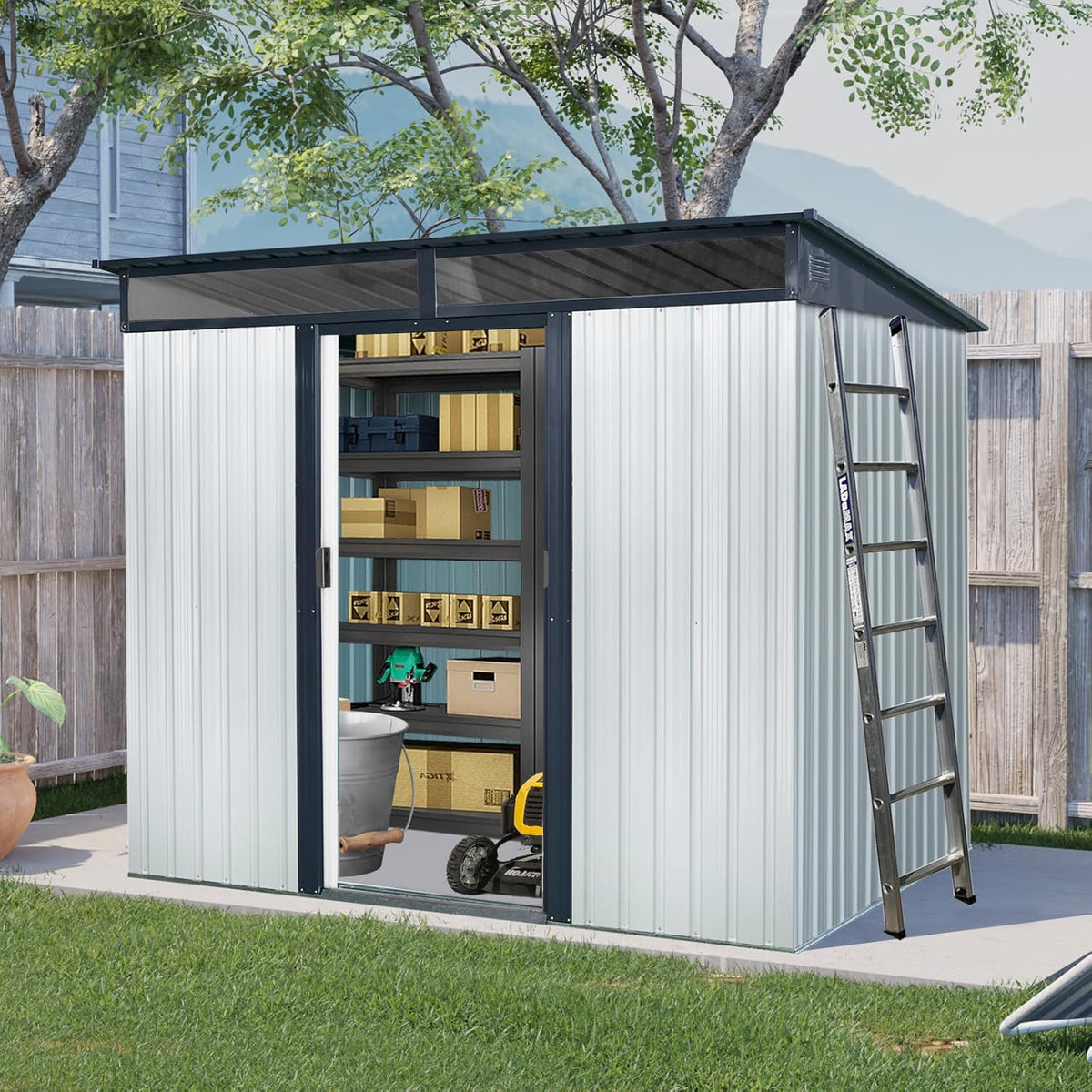 8x6 FT Outdoor Storage Shed,Metal Shed with Floor & Transparent Plate,Garden Shed W/Air Vent & Lockable Sliding Door,All Weather Waterproof Tool House W/Sloped Roof,Black+White