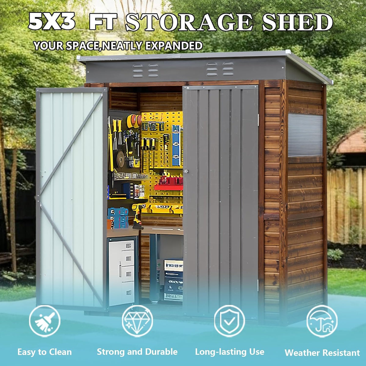 5x3 FT Outdoor Lean to Shed with Windows, Wood & Metal Tool Shed Waterproof Storage House for Outside Patio, Garden, Backyard, 4 Vents (Without Floor) Wood Color