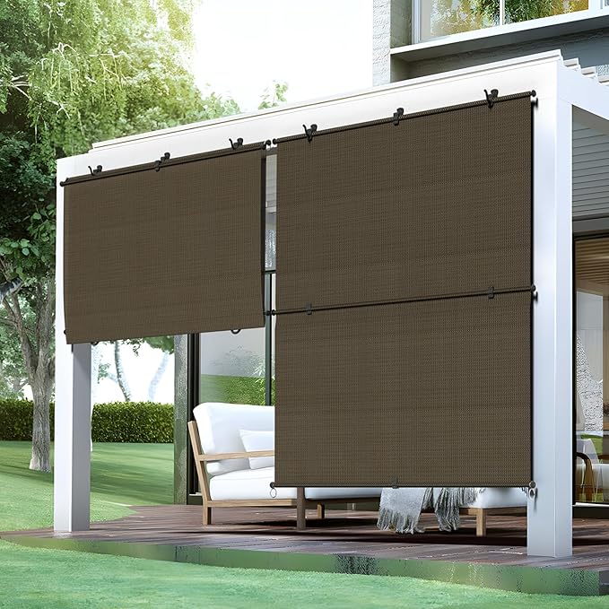 Bynbbur 6'W x 9.5'H Outdoor Patio Shades Foldable Roller Blinds, 220 GSM Sun Shade Roll Up Porch Screens Exterior Shade Cloth for Deck Pergola Backyard, Brown