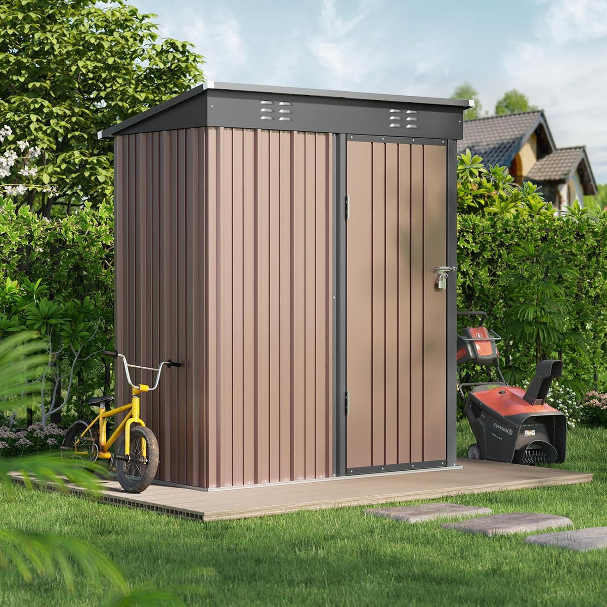Bealife Outdoor Storage Shed Clearance, Metal Outdoor Storage Cabinet, Waterproof Tool Shed, Lockable Backyard Sheds for Garden, Patio and Lawn (Brown, 5' x 3')