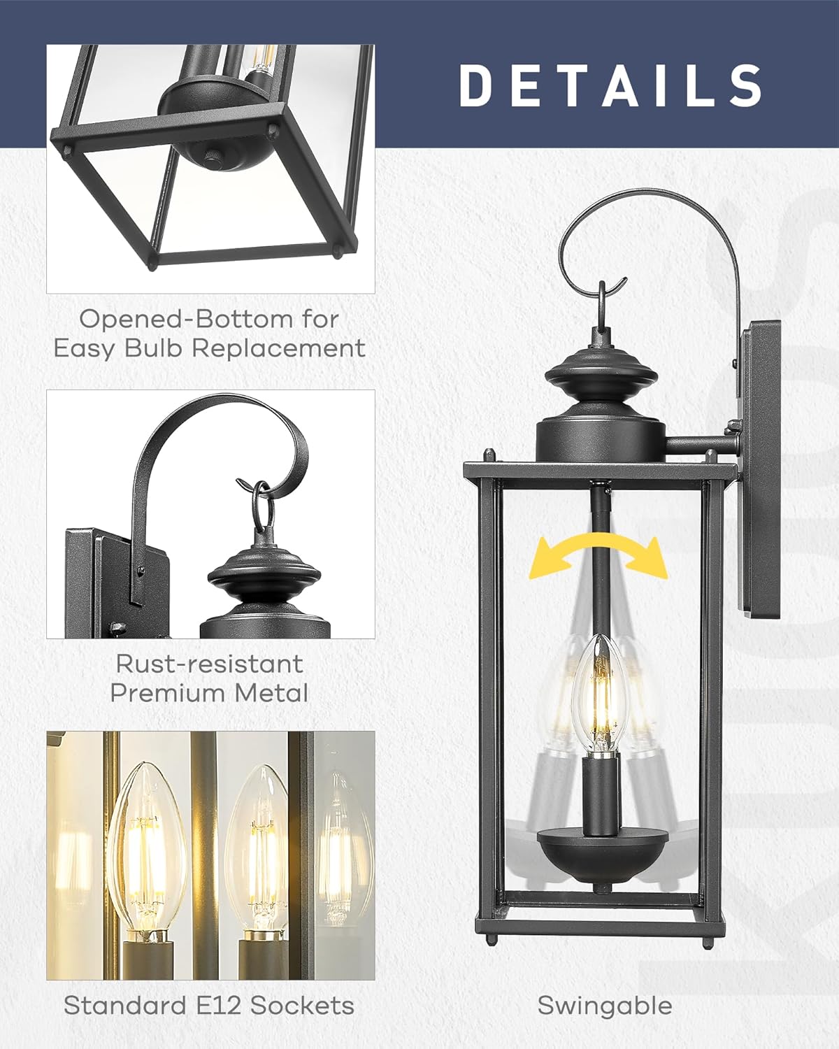 kudos Porch Lights, 18.1 inch Large Outdoor Wall Light, E12 Sockets, Anti-Rust Waterproof Light Fixtures Wall Mount for Patio, Doorway, Entryway, Black with Clear Glass, KDOWL02-BK-L