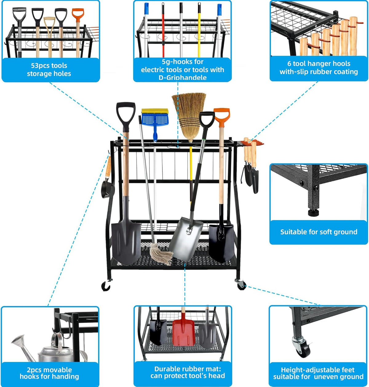 Garden Tool Organizer for Garage,Tool Organizers and Storage，Garden Tool Rack,Yard Tool Storage,Garden Tool Stand,Up to 58 Long-Handled Tools,4 multi-direction wheels lockable (28.4 inch)