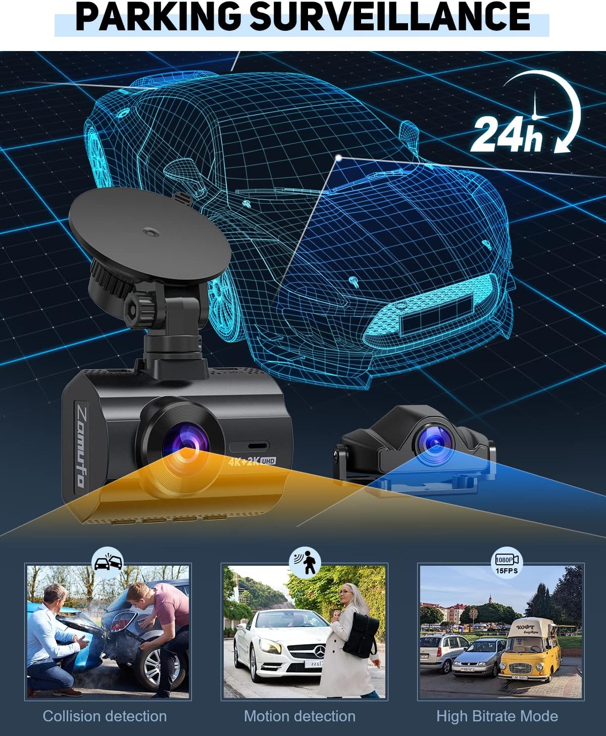 4K Dash Cam Front and Rear, Car Dash Camera Built-in WiFi GPS, Free 64GB Card, UHD 2160P Night Vision, WDR, 170°Wide Angle, WDR, 24H Parking Monitor