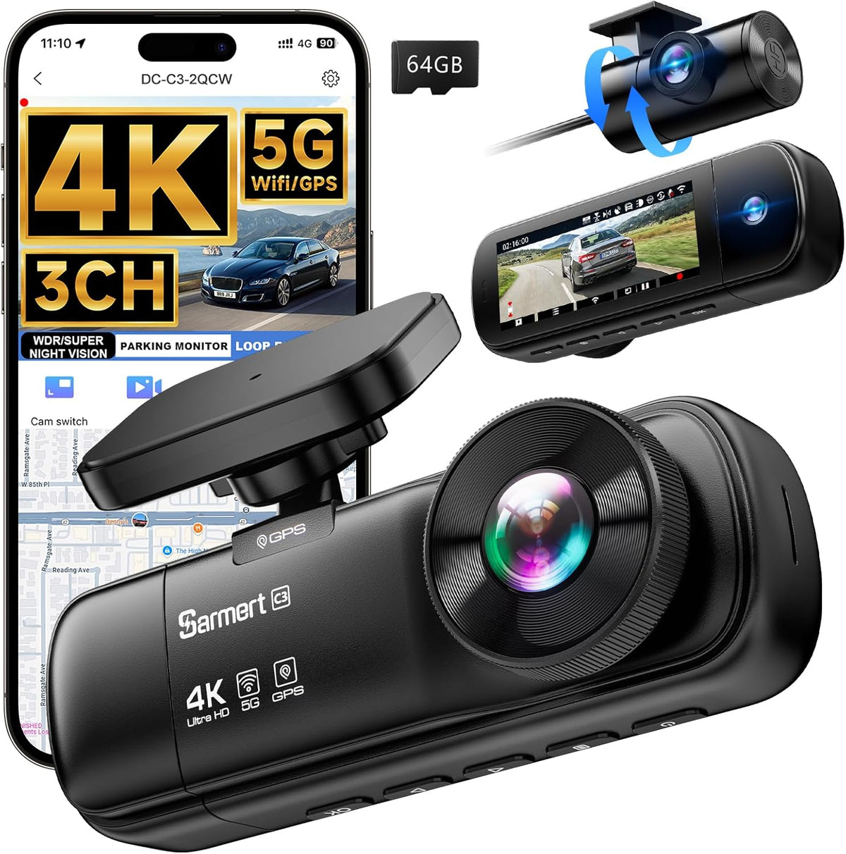 3 Channel Dash Cam, SARMERT 4K Dash Cam Front Inside and Rear with Free 64GB Card, 4K+1080P+1080P Car Camera, G-Sensor, WDR, APP, 5G WiFi, Night Vision, 24H Parking Monitor