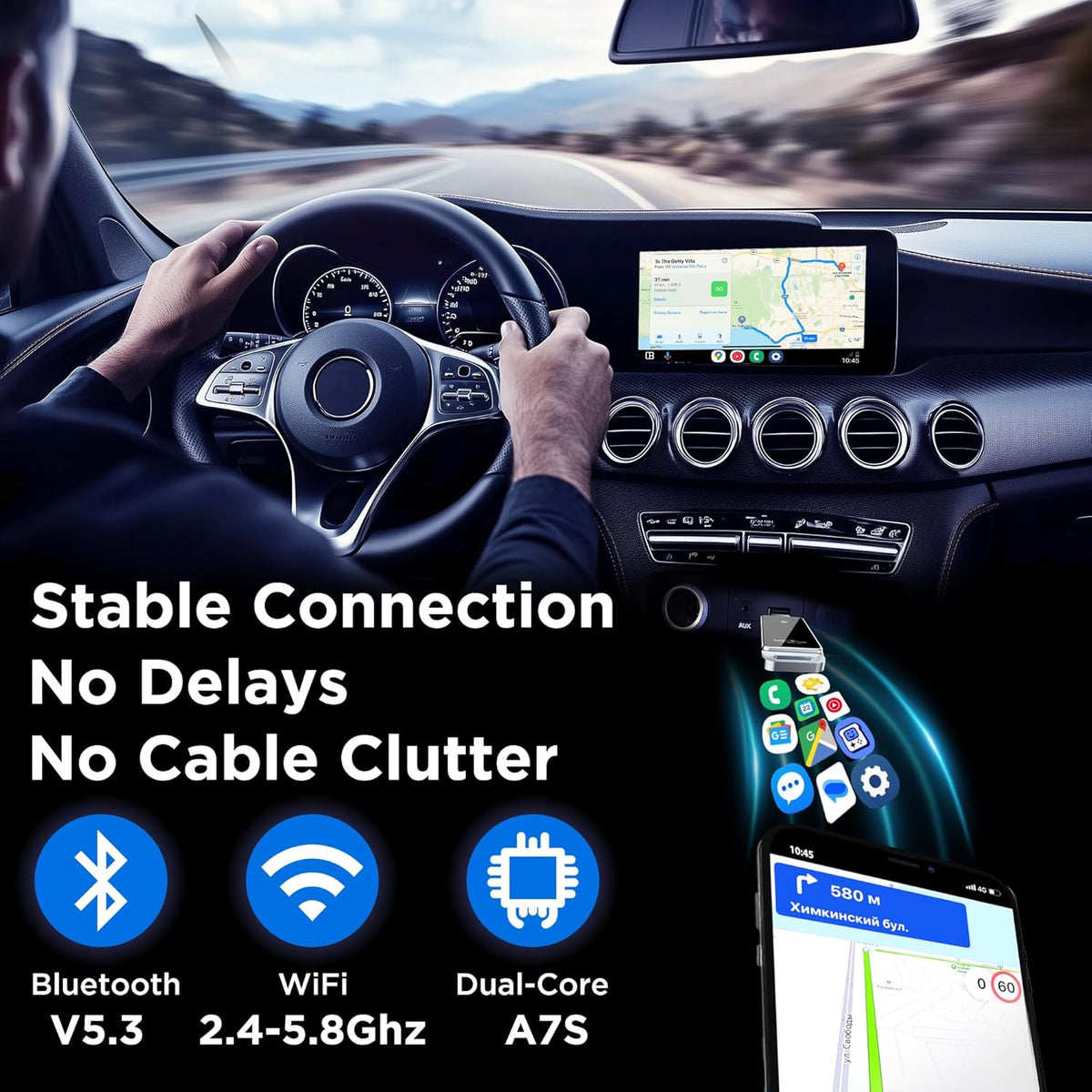 Android Auto Wireless Adapter, Convert Factory Wired to Wireless, Easy Plug and Play Setup, Zero Delay, Supports Voice Assistant, Compatible with Android 11+