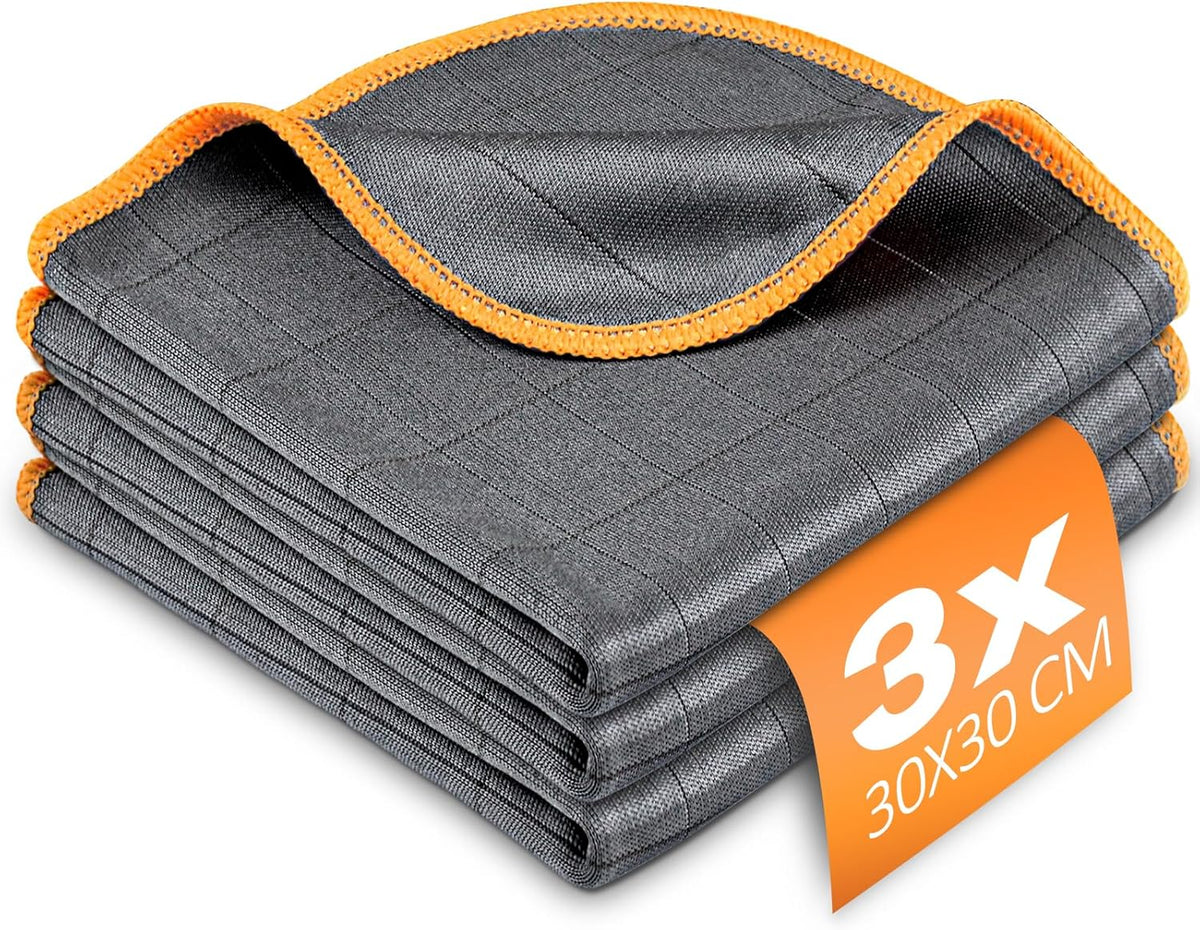 Airlab Carbon Microfiber Towels for Car Glass Window Polishing Cleaning Cloth Auto Detailing Lint Free Streak Free Drying Car Wash Towel, Pack of 3, 12" x 12", Grey-Orange