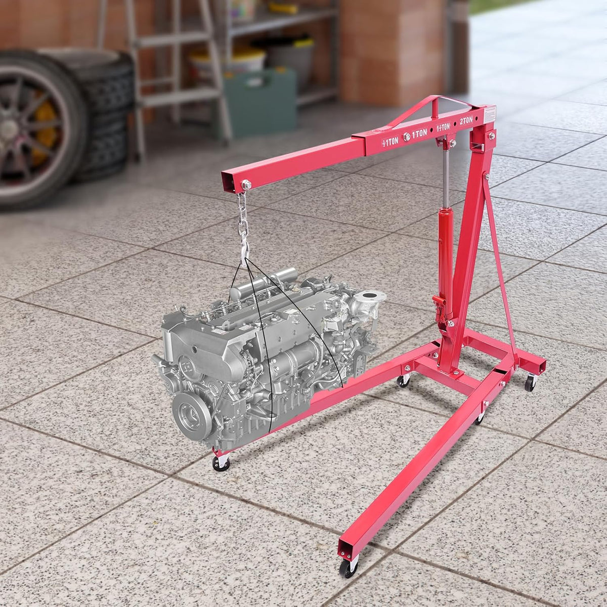 Folding Engine Hoist 2 Ton Engine Crane Lift with 6 Caster Wheels 4400LBS Steel Hydraulic Engine Crane 4 Adjustable Positions for Car Fixing Workshops Garages Warehouse(Sent in 2 Packages) (Red 1T)