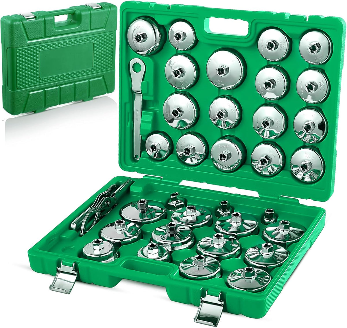 Auto Oil Filter Socket Wrench Set, Cup Type 1/2 inch Drive Cap Removal Tool, with Drain Plug Socket Set/Adjustable/Drive, Compatible, all Models Car, SUV, Oil Filter (35, GREEN)