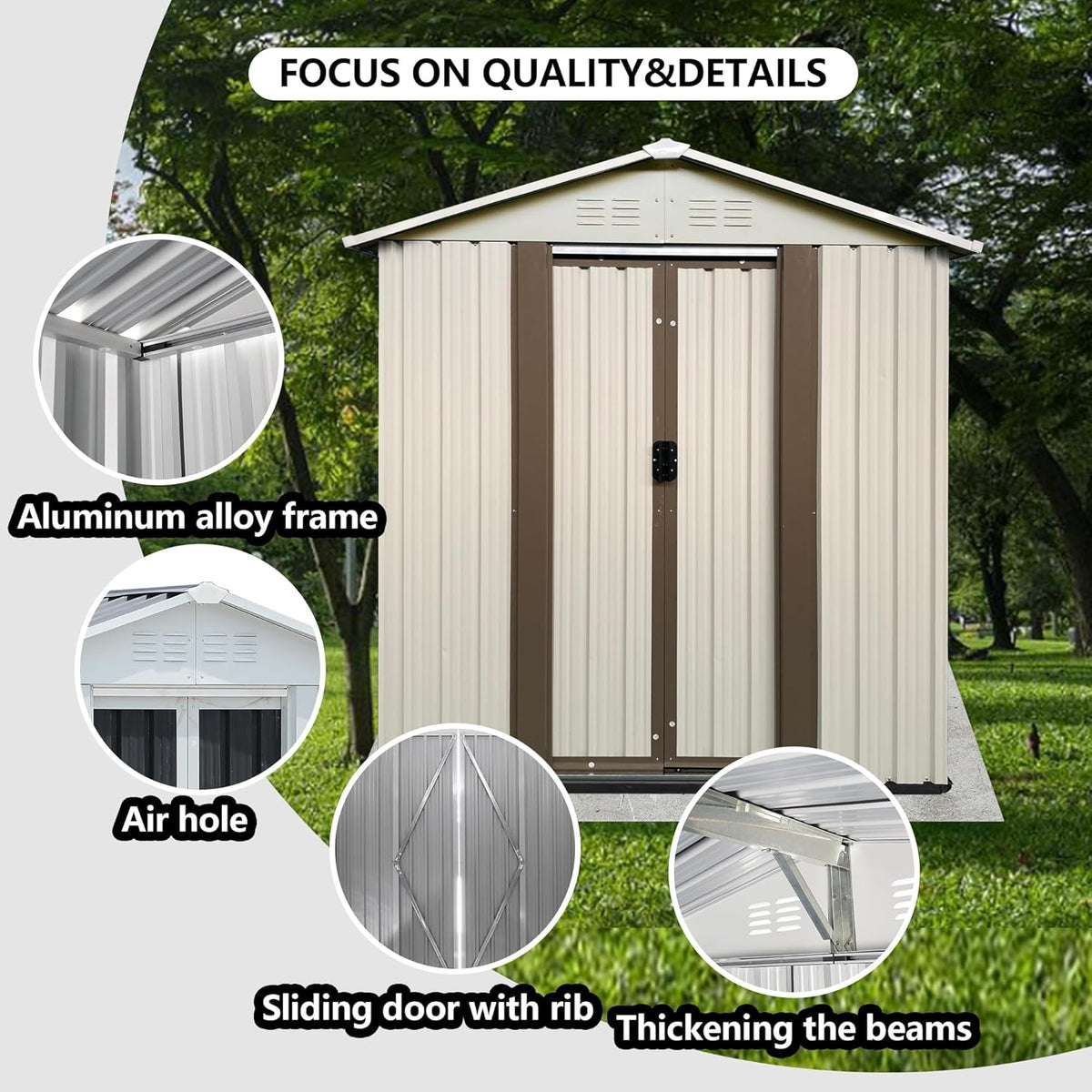5X3 FT Outdoor Storage Shed, Waterproof Metal Garden Sheds w/Lockable Sliding Doors and Vents, Weather Resistant Tool Storage House for Backyard, Patio, Lawn, Cream White
