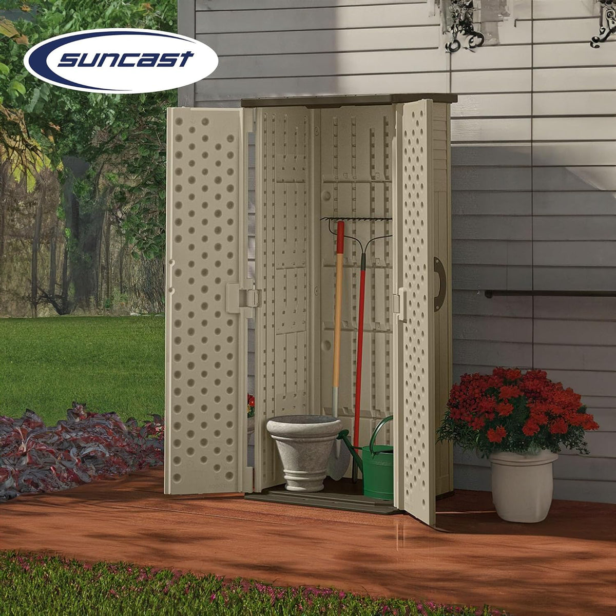 Suncast 22 Cubic Feet Capacity Tall Plastic Vertical Outdoor Shed for Garden, Backyard, Patio, or Pool Supplies Storage, Brown