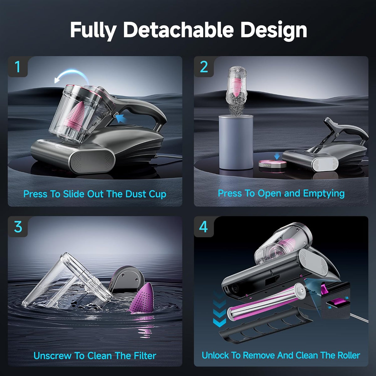 uwant Bed Cleaner with 16Kpa Suction Metal Roller 253.7nm Uv-c Light Mattress Vacuum Cleaner 36000RPM/Min 149℉ Heating HEPA Filter&Ultrasonic Mattress Vacuum for Sofa, Pillow, Bed Throws, Grey