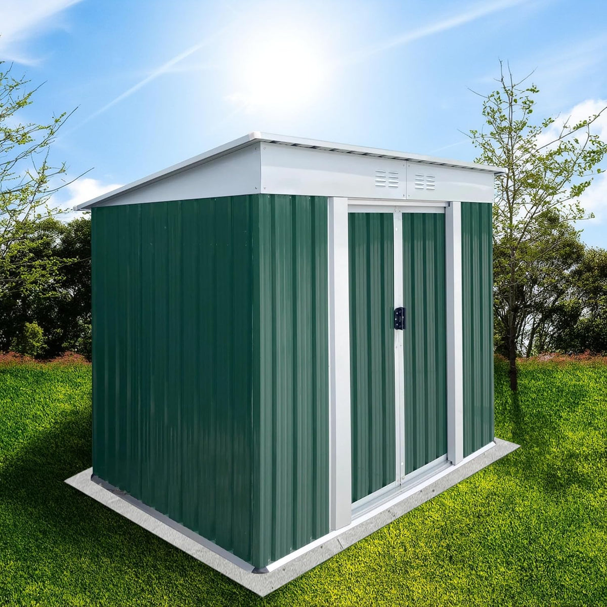 6x4 FT Outdoor Storage Shed with Sloping Roof, Waterproof Metal Garden Sheds w/Lockable Sliding Doors and Vents, Weather Resistant Tool Storage House for Backyard, Patio, Lawn, Green
