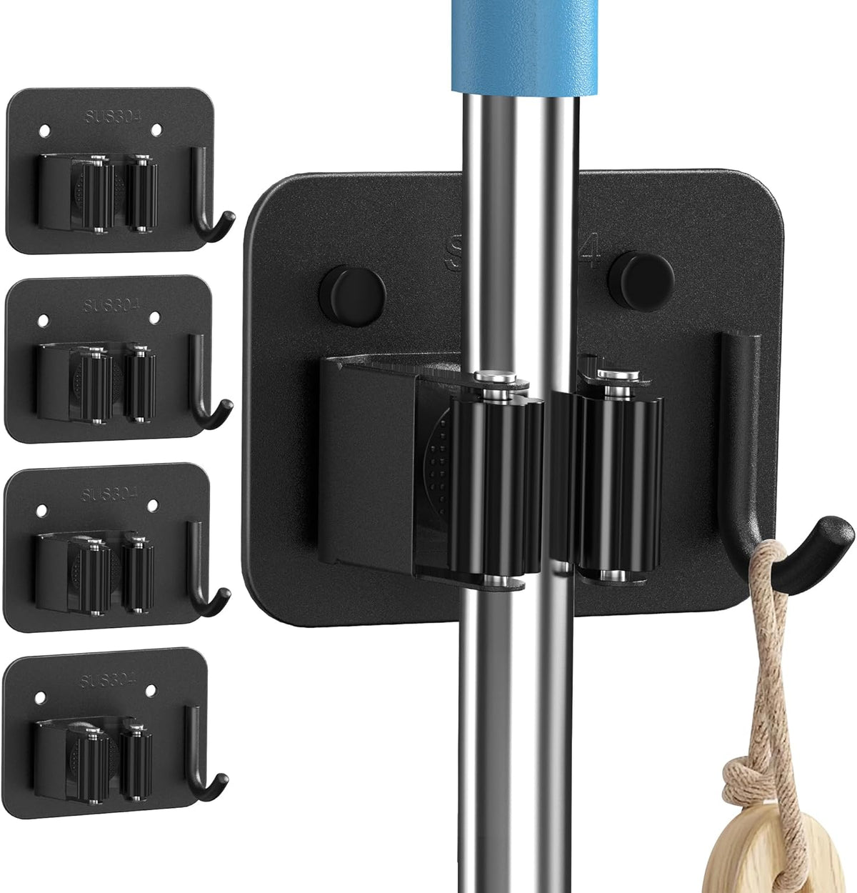 4 Pack Mop and Broom Holder Wall Mount - Stainless Steel Broom Mop Hanger - Wall Mounted Garden Tool Rack Organizer for Closet Garage Laundry Room Kitchen Decor (Black)