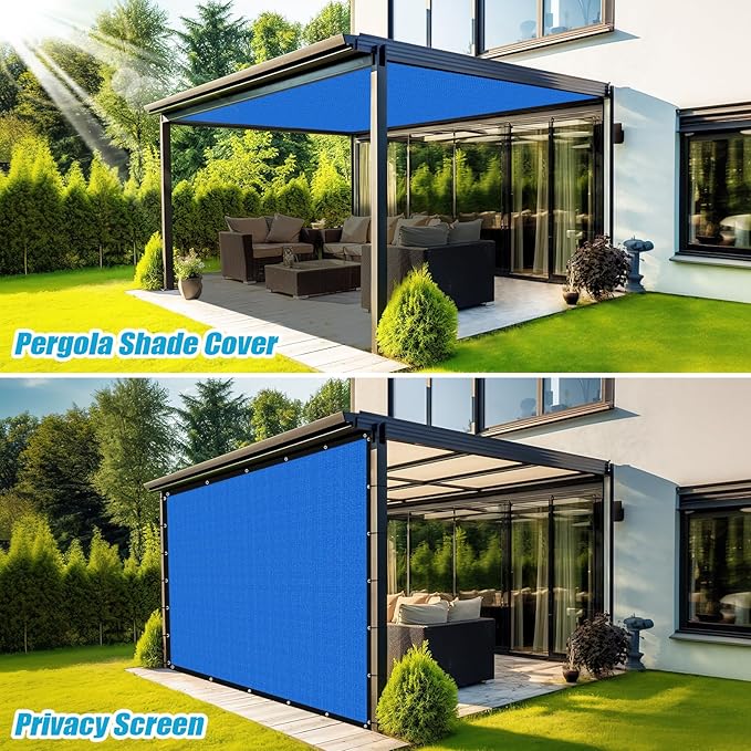 Amagenix 90% Pergola Shade Cover 8' X 13' Sun Shade Cloth with Grommets for Outdoor Garden Patio Porch, Commercial Grade 200 GSM - Cable Zip Ties Included (We Customized) GN108, Blue